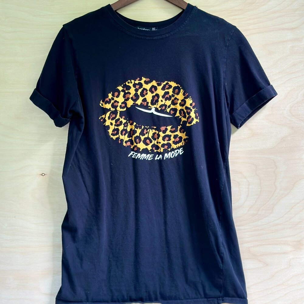 ❤️ Boohoo Cheetah Lip Femme La Mode Black Short Sleeve T-Shirt Size 4